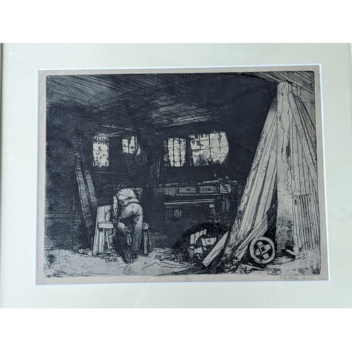 614 - Fred Cecil Jones RBA (1891-1956), etching, Carpenter in a workshop, signed in pencil and dated 1914,... 