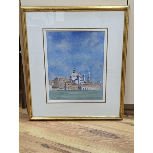 624 - John J. Mole, 1996, watercolour, 'Distant view of Santa Maria della Salute, Venice, Italy', signed, ... 