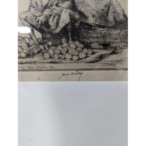 635 - James McBey (1883-1959), etching, The Orange Seller, signed and numbered '34, 14 x 25cm