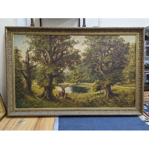 652 - J. Lewis, oil on canvas, Deer in woodland, signed, 60 x 100cm