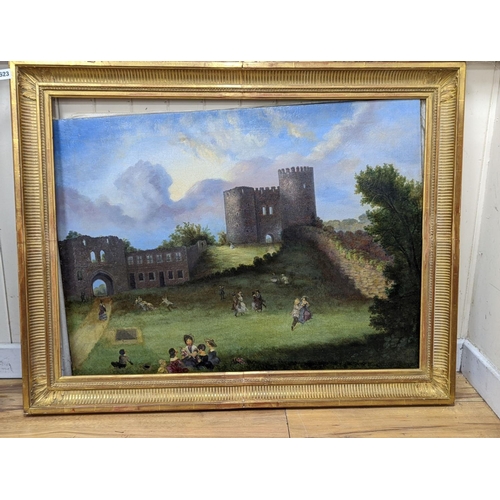 653 - English School, oil on canvas, Figures dancing before castle ruins, 68 x 90cm