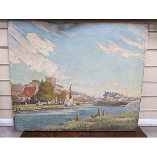 663 - Middlecoat, oil on canvas, Riverside town, signed, 64 x 77cm, unframed