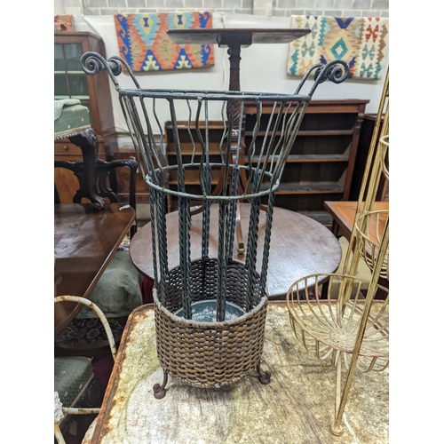 68 - A rattan and wirework stick stand, height 63cm, together with one other folding stand