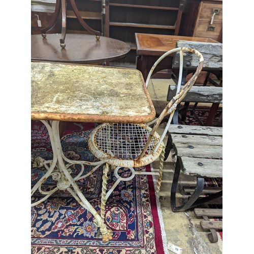 69 - A rectangular French wrought iron garden table, length 80cm, depth 49cm, height 70cm and two chairs... 