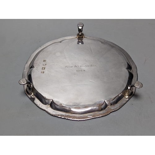 812 - A George III silver waiter, John Cox, London, 1772, with later inscription to base, 18cm,9.5oz.... 