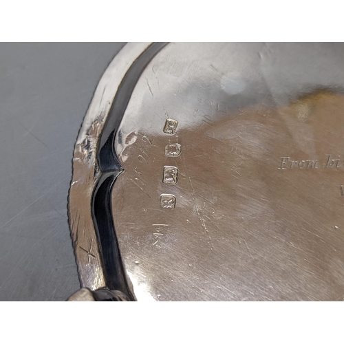 812 - A George III silver waiter, John Cox, London, 1772, with later inscription to base, 18cm,9.5oz.... 