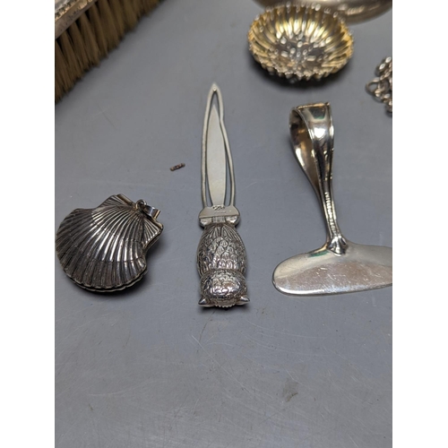 827 - Mixed collectable small silver etc. including silver cream jug, clothes brush, mounted glass posy va... 