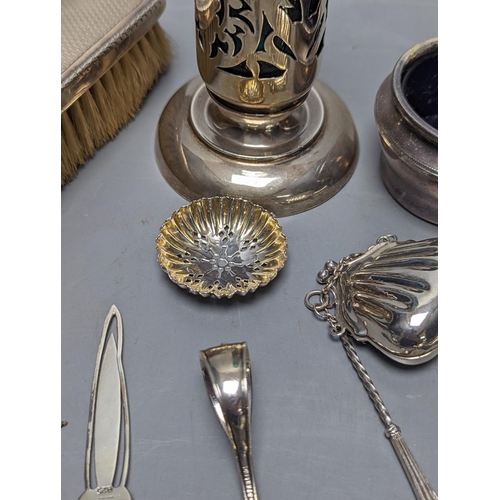 827 - Mixed collectable small silver etc. including silver cream jug, clothes brush, mounted glass posy va... 