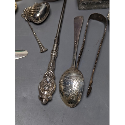 827 - Mixed collectable small silver etc. including silver cream jug, clothes brush, mounted glass posy va... 