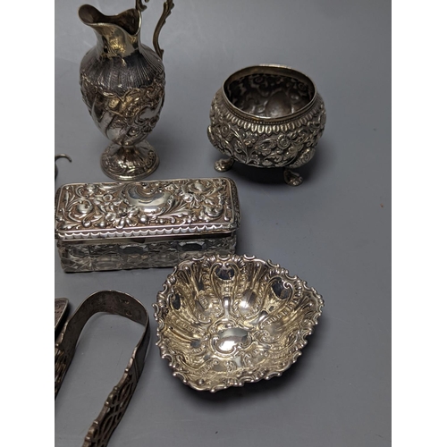 827 - Mixed collectable small silver etc. including silver cream jug, clothes brush, mounted glass posy va... 