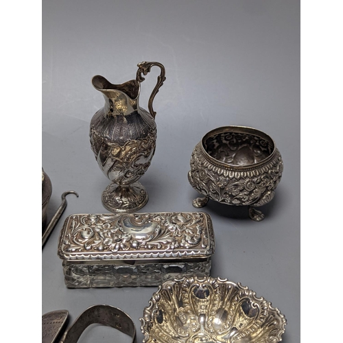 827 - Mixed collectable small silver etc. including silver cream jug, clothes brush, mounted glass posy va... 