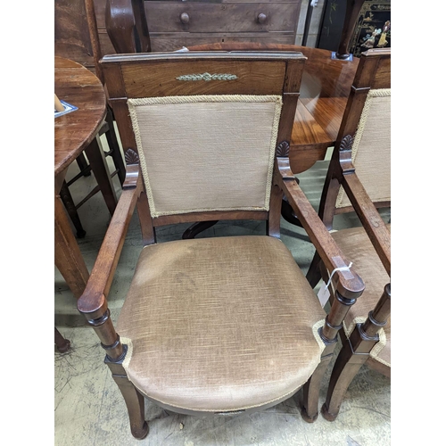 83 - A pair of French Empire style mahogany gilt metal mounted elbow chairs, width 54cm, depth 50cm, heig... 