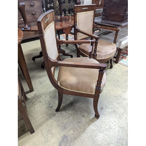 83 - A pair of French Empire style mahogany gilt metal mounted elbow chairs, width 54cm, depth 50cm, heig... 