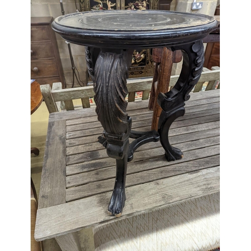 85 - A Chinese elm bench, length 114cm, depth 29cm, height 51cm together with a circular ebonised vase st... 