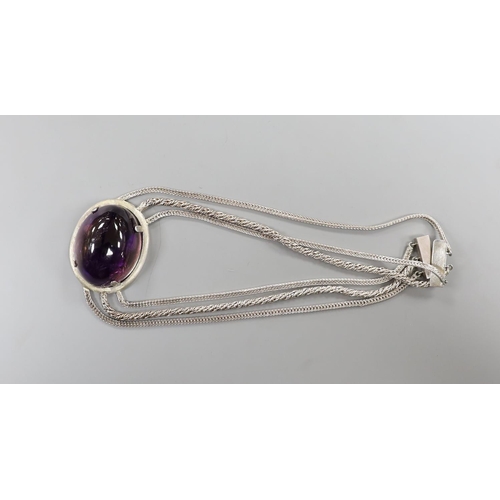 886 - A white metal and large cabochon oval amethyst set triple strand necklace, 47cm