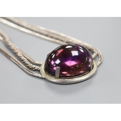 886 - A white metal and large cabochon oval amethyst set triple strand necklace, 47cm