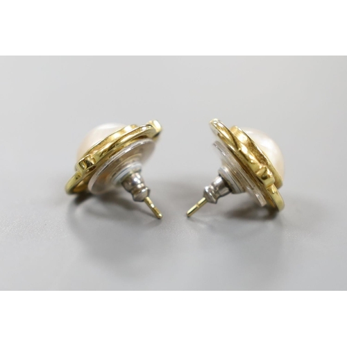 887 - A pair of 750 yellow metal, mabe pearl and diamond chip set earrings, 16mm, gross weight 7 grams,... 