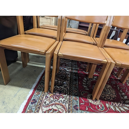 89 - A set of eight mid century design walnut and tan leather dining chairs, width 48cm, depth 44cm, heig... 