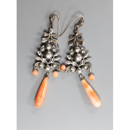 901 - A pair of white metal, white paste and coral set drop earrings, 67mm.