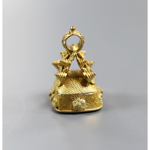 906 - A Victorian three colour yellow metal and foil backed quartz set fob seal, 22mm.