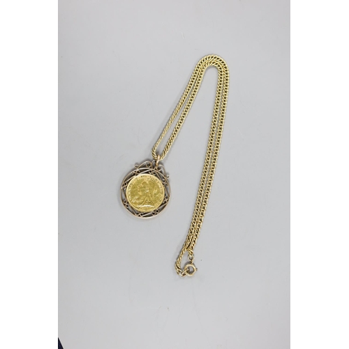 921 - A Victoria 1893 gold sovereign, in pendant mount, on a 9ct chain,gross weight 23.9 grams.... 