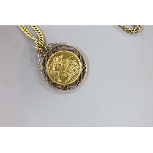 921 - A Victoria 1893 gold sovereign, in pendant mount, on a 9ct chain,gross weight 23.9 grams.... 