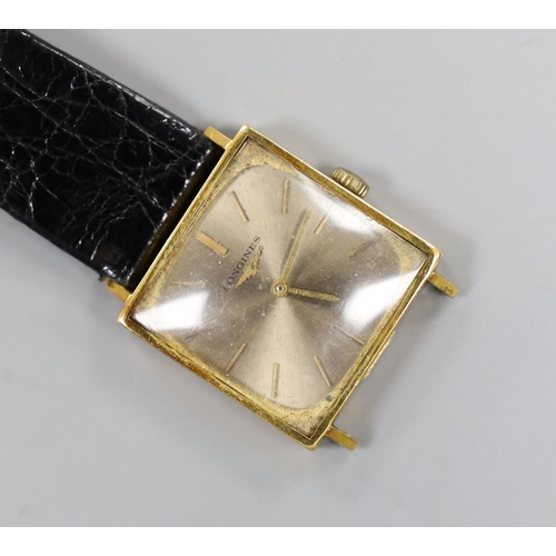 941 - A gentleman's 1960's 18ct gold Longines manual wind dress wrist watch (part of strap missing), gross... 