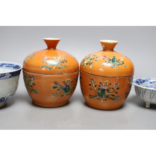 348 - A pair of Chinese Straits chupu , with covers, 12cm. high, two enamelled dishes and two other items... 