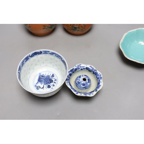 348 - A pair of Chinese Straits chupu , with covers, 12cm. high, two enamelled dishes and two other items... 