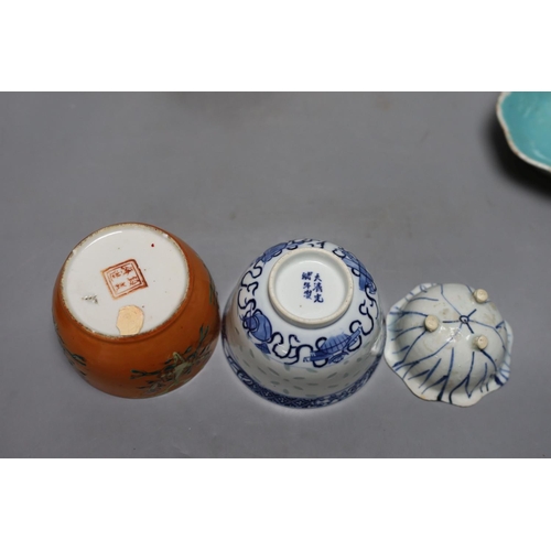 348 - A pair of Chinese Straits chupu , with covers, 12cm. high, two enamelled dishes and two other items... 