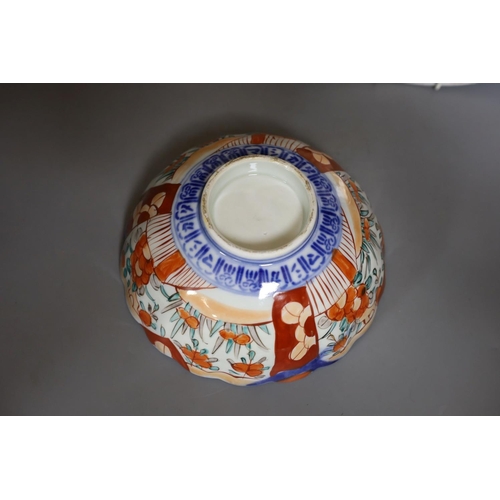 349 - Two Imari dishes, largest 45cm., and an Imari bowl