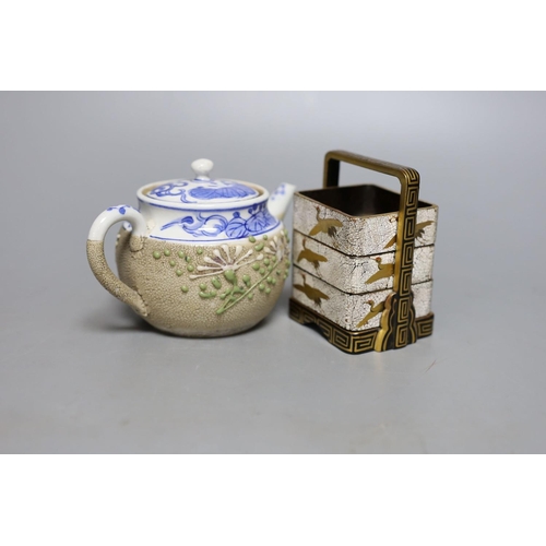 352 - A group of Japanese lacquer and a blue and white teapot, 8cm. high