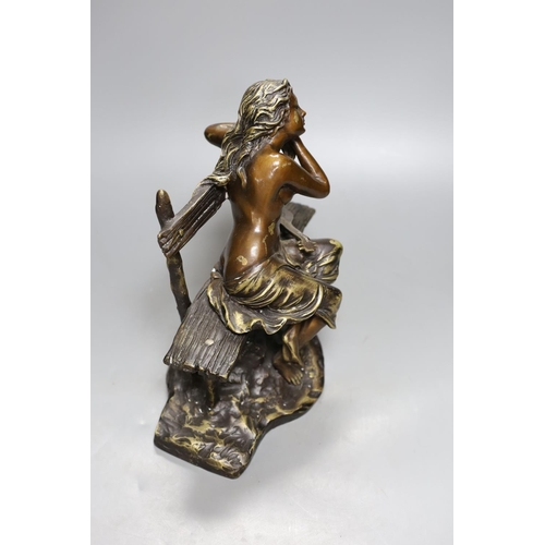 359 - A bronze female, seated with lute, 27cm.