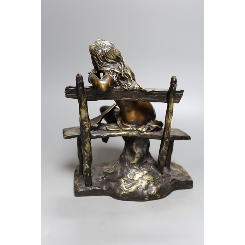 359 - A bronze female, seated with lute, 27cm.