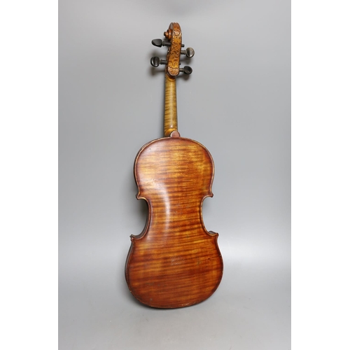 361 - Longsons labelled violin, 60 cms long.