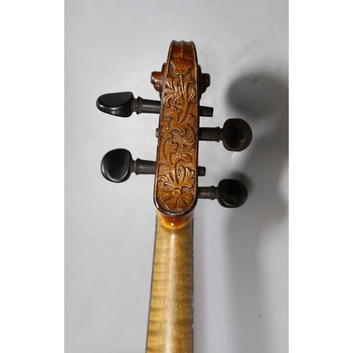 361 - Longsons labelled violin, 60 cms long.