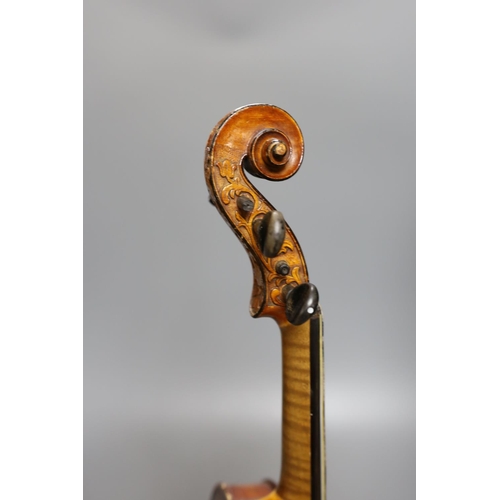 361 - Longsons labelled violin, 60 cms long.