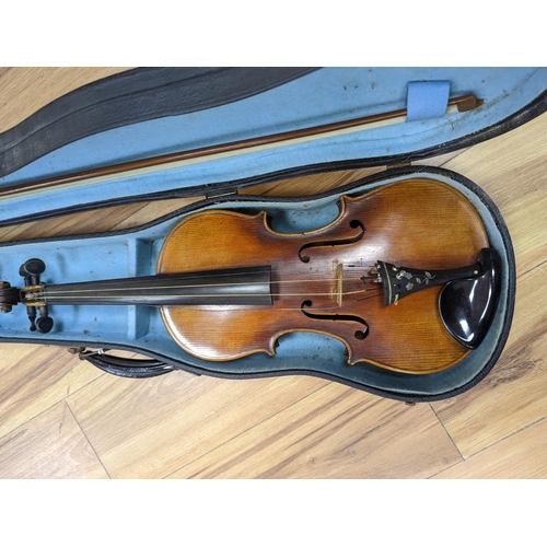 367 - A late 19th century German violin, case, 60 cms long.