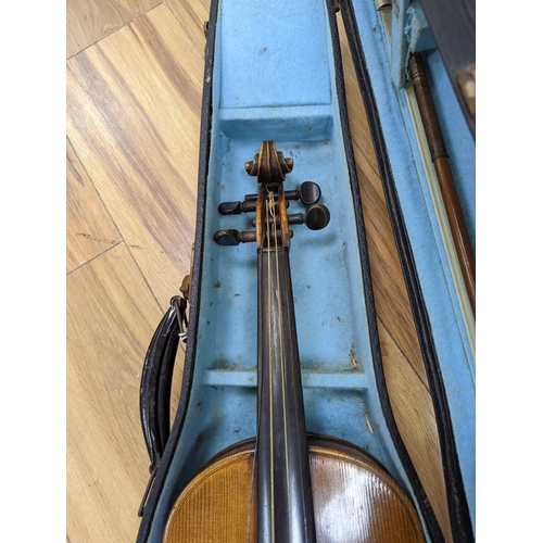 367 - A late 19th century German violin, case, 60 cms long.