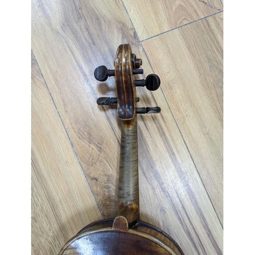 367 - A late 19th century German violin, case, 60 cms long.