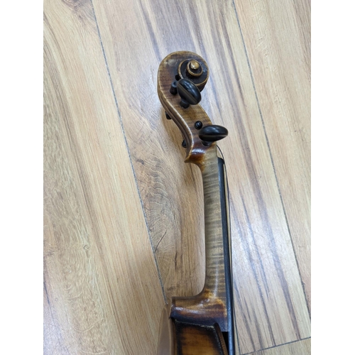 367 - A late 19th century German violin, case, 60 cms long.