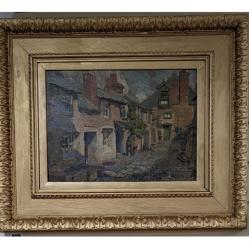 609 - R. Ronner, oil on canvas board, Village street scene, signed, 27 x 37cm