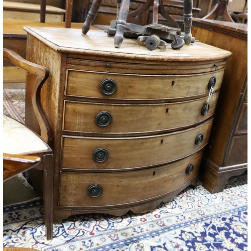 51 - A Regency mahogany bow front chest of drawers with brushing slide, width 92cm, depth 56cm, height 80... 