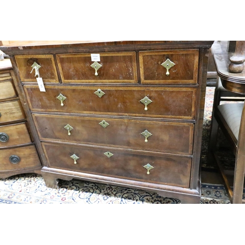 53 - An early 18th century feather banded walnut chest of drawers, width 96cm, depth 53cm, height 92cm... 