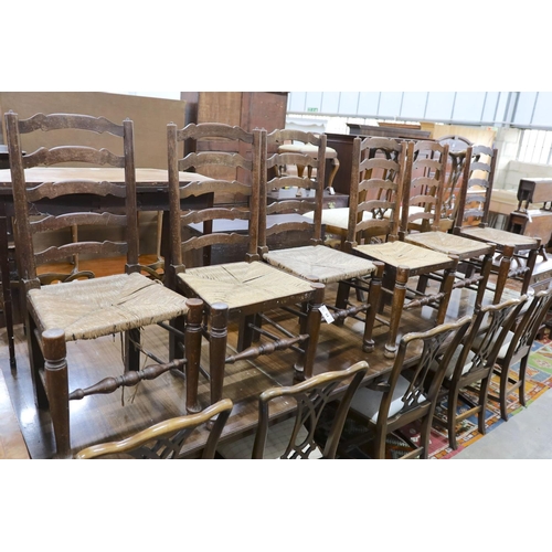 54 - A set of six oak rush seat ladder back chairs