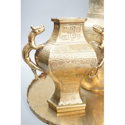 1378 - Two early 20th century Chinese bronze vases and tray. Diameter 35cm