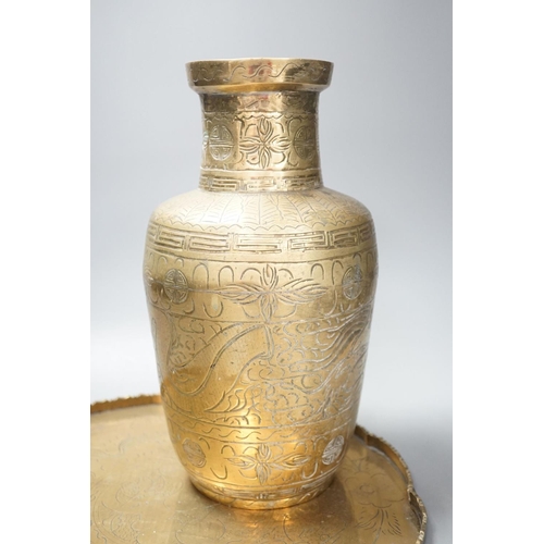 1378 - Two early 20th century Chinese bronze vases and tray. Diameter 35cm