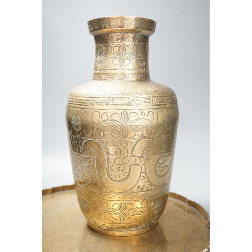 1378 - Two early 20th century Chinese bronze vases and tray. Diameter 35cm