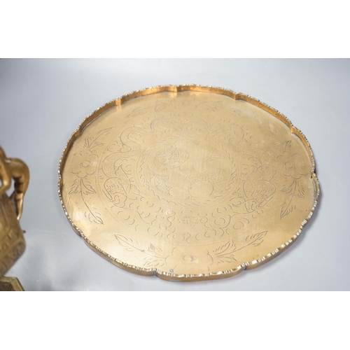 1378 - Two early 20th century Chinese bronze vases and tray. Diameter 35cm