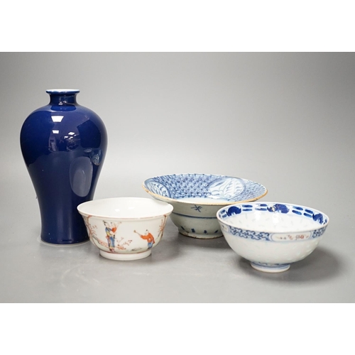 1379 - A Chinese blue glazed meiping, 20cm, and three Chinese porcelain bowls